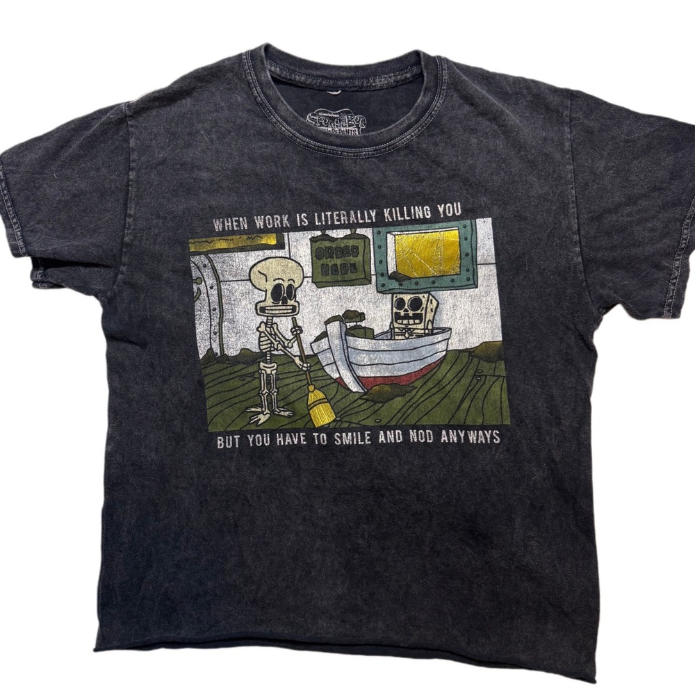 Spongebob Squarepants Cropped Skeleton Graphic T Shirt Funny Work Tee Size Small